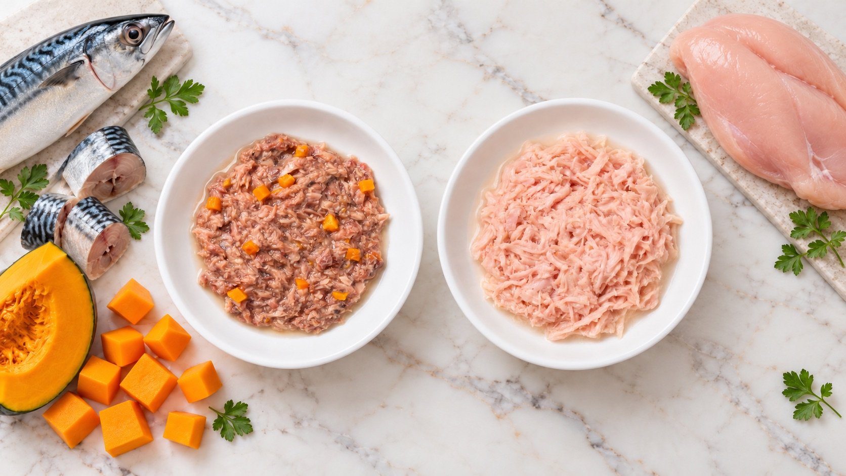 Mackerel, Chicken, and Pumpkin Bowls
